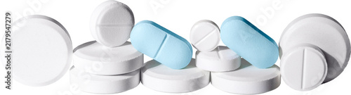 Cuadro en lienzo Pile of assorted white and blue round and oblong medical pills isolated on transparent background, pharmaceutical dosage concept