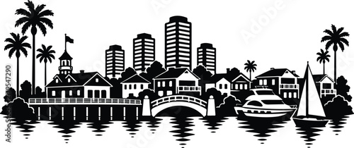 Newport Beach Skyline Silhouette Black and White Vector Illustration