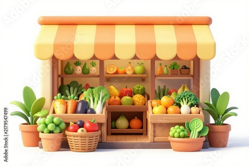 Cute cartoon vegetable store front market display filled with fresh food.