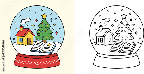 Christmas Snow Globe with Tree, Cozy House, and Open Book Illustration and Coloring Page Outline Vector