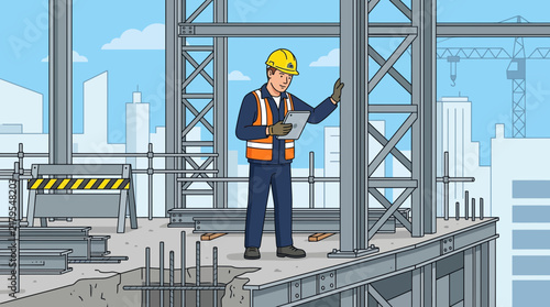 Construction worker inspecting building plans on site