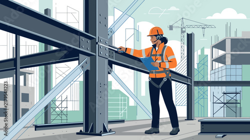 Construction Worker Inspecting Steel Structure, Safety Harness, Helmet