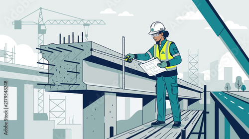 Construction worker measuring concrete beam on site with blueprint