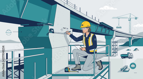 Construction worker measuring bridge support with tape measure