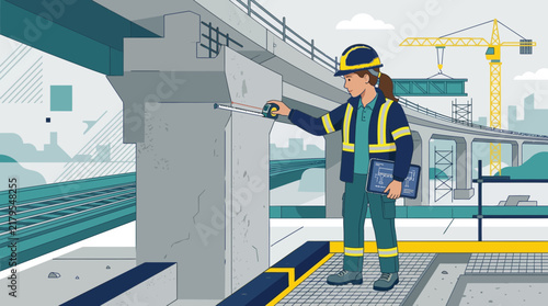 Construction worker measuring concrete pillar on bridge site, civil engineering
