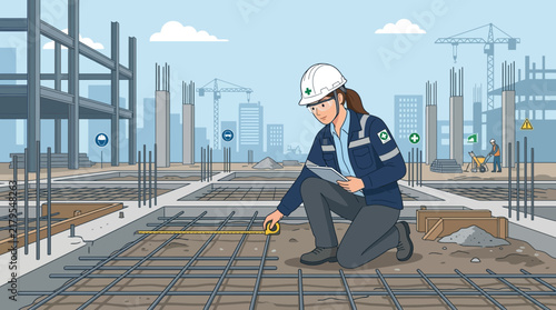 Construction worker measuring rebar on site, safety helmet, hard hat