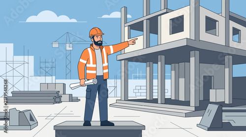Construction worker pointing at building site with blueprints