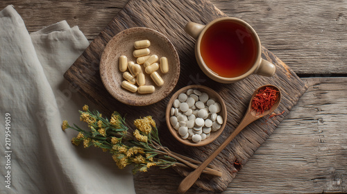 Wellness flat lay with probiotics and herbal tea