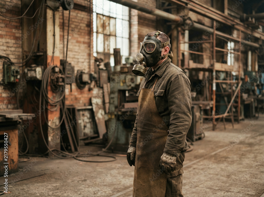 Fototapeta premium Worker in a leather apron and gas mask standing in a dim industrial hall