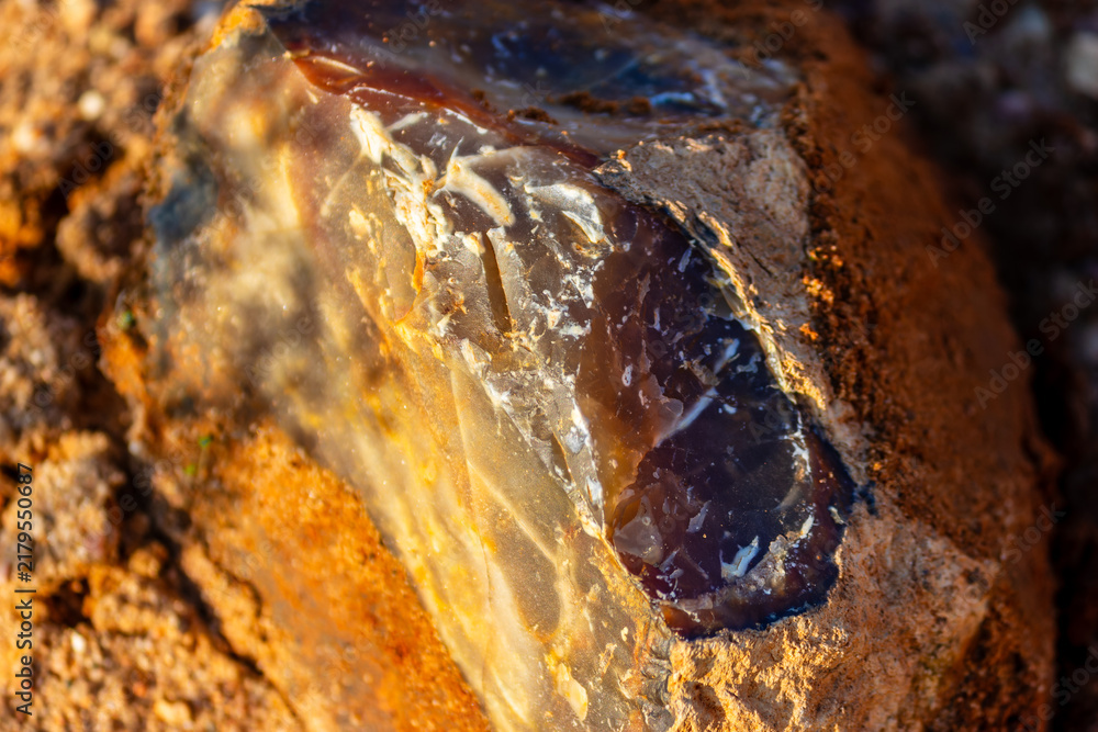 Fototapeta premium Raw translucent chalcedony stone with smooth glassy texture embedded in rough sandy quarry soil, captured in natural bright golden hour sunlight showcasing unique geological mineral patterns