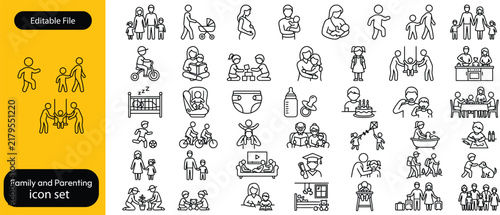 Family and Parenting, Icon Set. Parents with children, family bonding, pregnant, playing with kids, reading together, spending time at home. Family life, childcare. Line with editable stroke