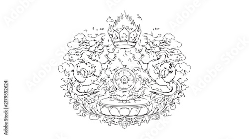 Intricate heraldic crest featuring a crown and ornate scrollwork in monochrome design.