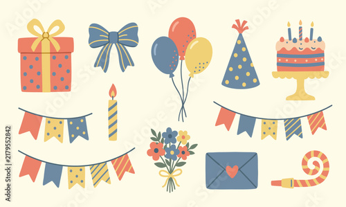 Party Decorations and Celebration Accessories Flat Vector Icon Set