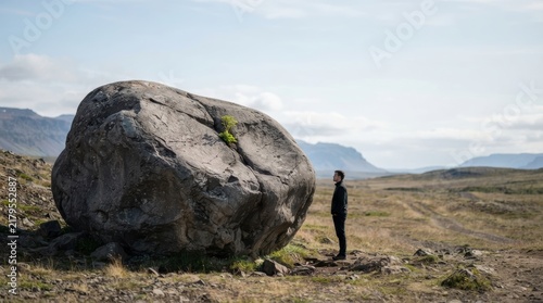 Human silhouette beside stone plant