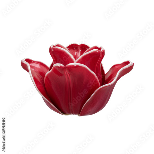 Glossy red ceramic tulip flower sculpture with white rim isolated on a transparent background