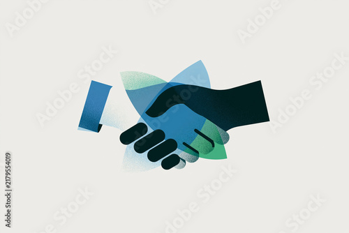 Modern textured illustration of a professional handshake representing successful business collaboration, agreement, partnership, and trust in a contemporary abstract blue and green design.