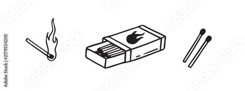 Hand drawn matchbox with lit match and pair of matches in outline doodle style horizontal composition, with matchbox, matchstick, match, lit detail, showing flame, fire, spark, striking context