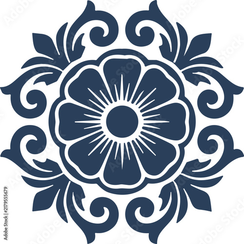 Circular mandala floral pattern with navy blue scrolling elements for luxury textile print.