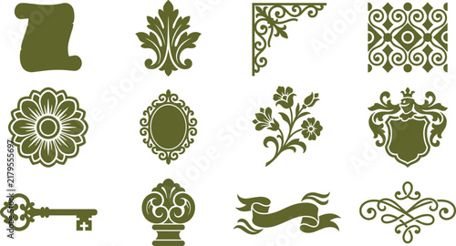 Classic baroque ornament collection in olive green for luxury branding and crest design.