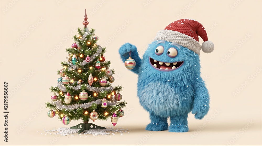 Obraz premium Cute blue fluffy monster in santa hat decorating christmas tree with ball ornament. Funny character celebrating new year holiday. Festive greeting card design for children party and winter celebration