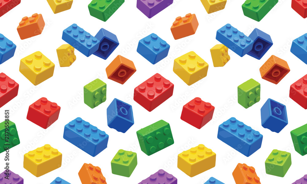 Obraz premium Colorful plastic building blocks set arranged in pattern for construction game and kids education.
