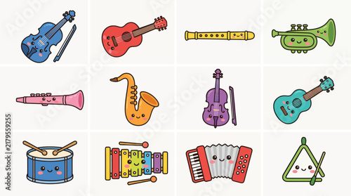 Musical instruments collection cute kawaii style