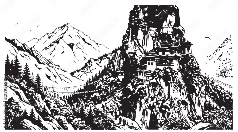 Obraz premium Ancient fortress perched on a rugged alpine cliff among snowcapped peaks in a dramatic landscape.