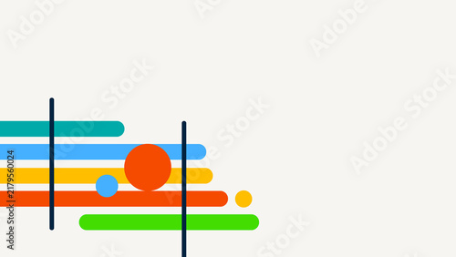 Abstract composition with horizontal bars and circular elements in vibrant colors, featuring a clean layout for professional presentations and digital media projects.
