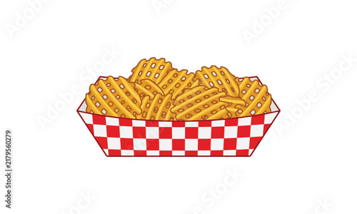 Vector illustration of golden waffle fries served in a classic red and white checkered paper food tray isolated on white background