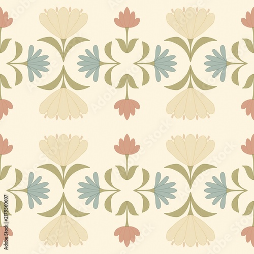 Seamless hand-painted folk floral pattern featuring stylised symmetrical flowers and graceful mirrored leaves in muted coral, dusty blue, soft sage and warm ivory. A refined Scandinavian.