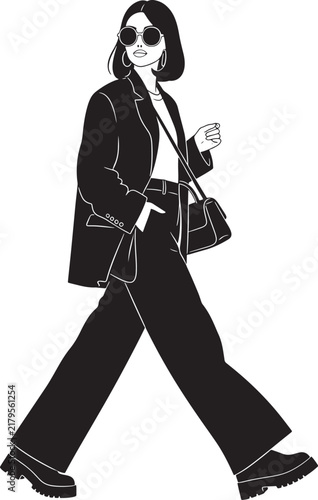 Woman walking stylishly in business casual outfit with sunglasses
