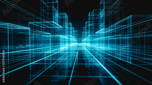 Plakat Neon Wireframe Digital Cityscape Futuristic Virtual Urban Model