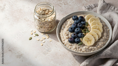Healthy Oatmeal Breakfast: A nourishing bowl of creamy oatmeal topped with fresh blueberries and banana slices, served with a side of muesli and pumpkin seeds, offering a perfect start to the day.