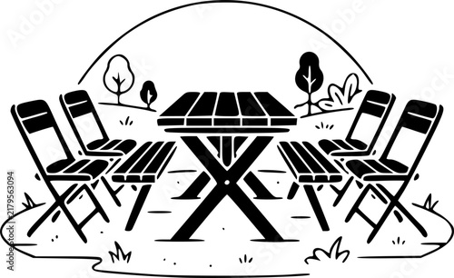 Outdoor Picnic Table and Folding Chair Furniture Set – Black Vector Pictograph Illustration