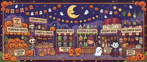 Cute halloween night market stalls background illustration
