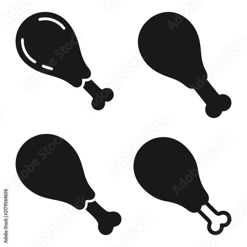 A set of four black and white chicken leg icons representing fast food and meat products for culinary design