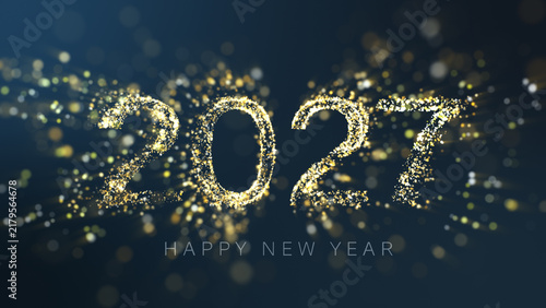 Luxurious 2027 Happy New Year typography made of gold sparkling dust and bokeh lights.