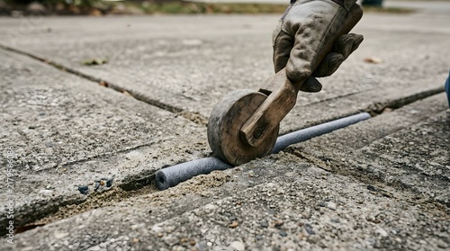 Gloved hand uses a vintage wooden roller to install foam backer rod into a driveway crack for concrete repair.