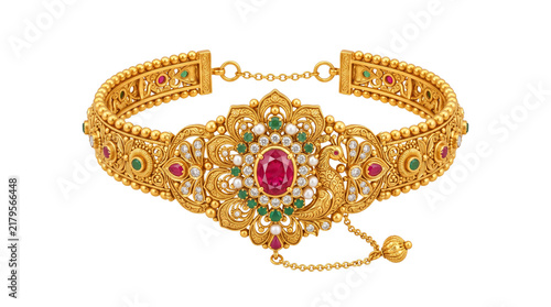 Traditional Indian gold choker necklace, ornate bridal jewelry with ruby and emerald stones, antique peacock design gold bajuband isolated PNG with Transparent Background