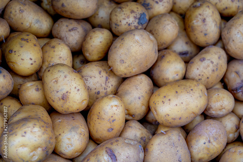 Foto Selective focus of fresh raw organic potatoes on market stall, The potato is a starchy tuber of the plant Solanum tuberosum and is a root vegetable native to the Americas, Natural pattern background