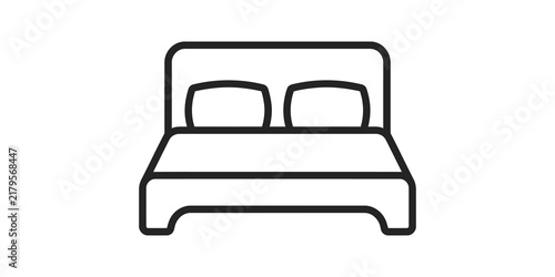 Plakat Double bed with pillows and frame black line art simple flat icon.