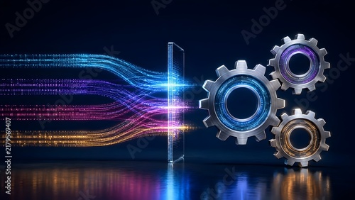 Digital transformation synergy displaying glowing electronic data streams converting into physical mechanical gear rotation and industrial automation