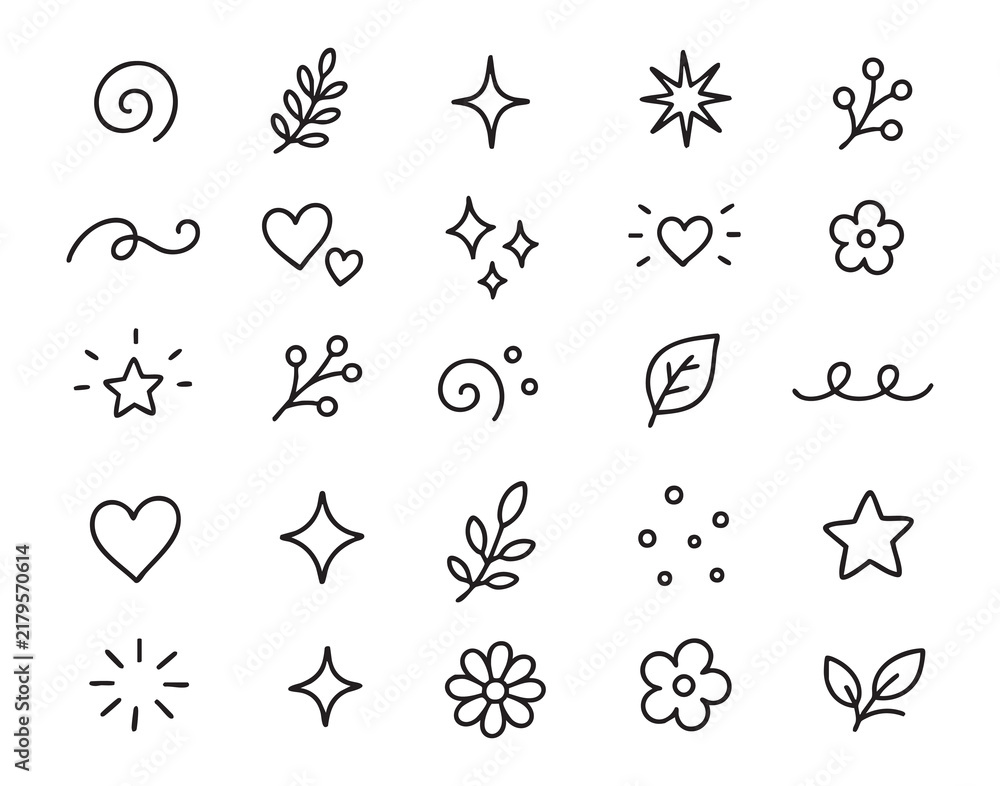 Fototapeta premium Black line doodle icons arranged neatly on white background, simple contours of stars hearts leaves flowers swirls and decorative dots offering clean modern accents for logos mockups pattern creation