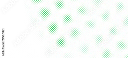 Slash green halftone gradient texture. Fading cartoon polka dot background. Dotted corner gradation pattern. Fading comic pop art overlay backdrop. Vector slant frame halfton patern effect wallpaper