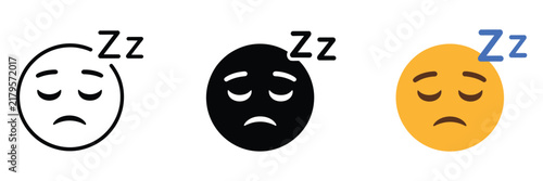 Foto Sleeping face emoji icon set, sleepy emoticon expressions with Zzz symbols, tired cartoon faces, rest, nap, outline, black, orange, vector design