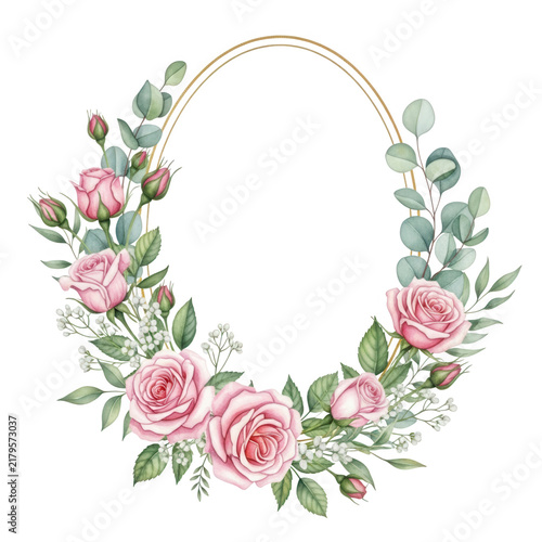 Oval gold frame with pink roses and green leaves