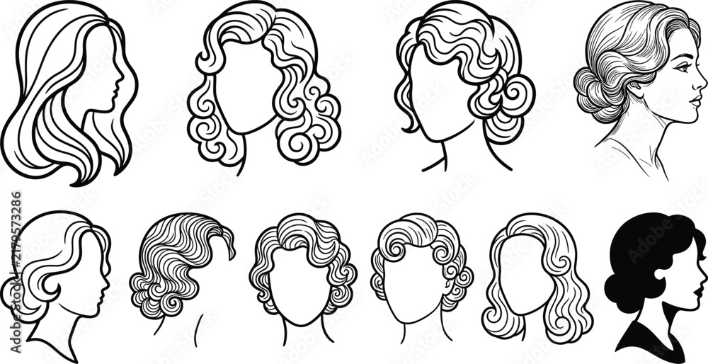 Fototapeta premium Woman Hairstyle Icon Set with Curly, Wavy, and Vintage Hair Outline Illustrations for Beauty and Fashion Designs