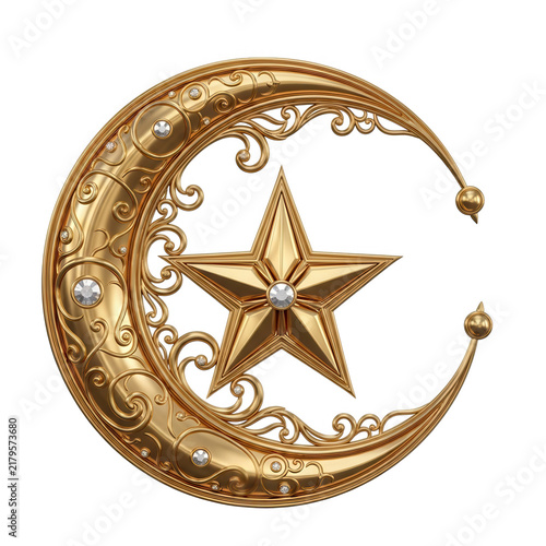 Decorative golden crescent moon and star with filigree