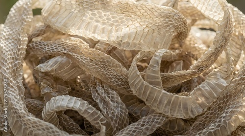 A close-up view of a large pile of translucent, textured, and dry shed snake skins, showing intricate scale patterns.