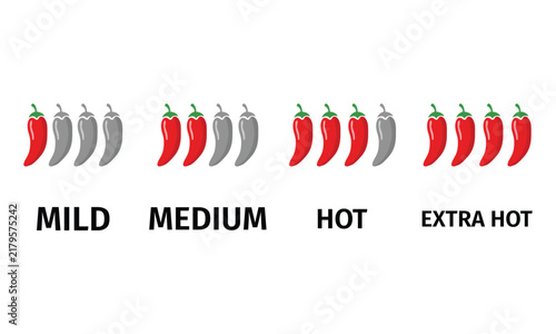 Foto Chili pepper heat level icons set, from mild to extra hot, featuring red and gre